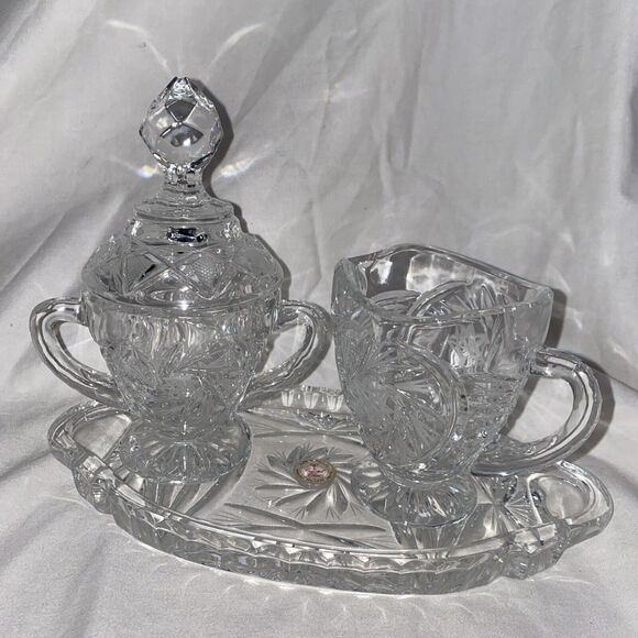 Crystal Clear Industries Poland Sugar Creamer Set Hand Cut 24% Lead Tray EUC - Picture 1 of 12